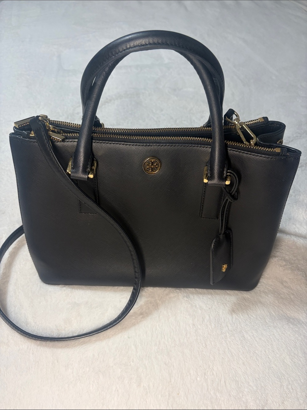 Tory Burch Black Saffiano Robinson Leather Double-Zip Purse with Gold Hardware